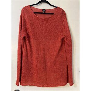 EILEEN FISHER Large CORAL ORANGE OPEN KNIT HEMP & LINEN SWEATER LONG SLEEVE